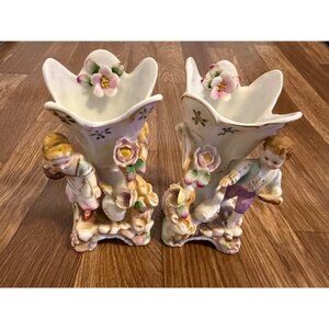 Vintage Porcelain Spill Vase Set Boy Girl Figurine Hand Painted Floral Gold Rim